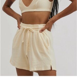 DONNI Terry Cloth Henley Lounge High Waist Summer Short in Ivory / Cream/ Yellow